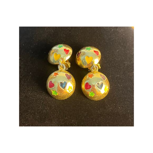 VTG Gold Tone Enamel Rainbow Hearts Clip On Earrings 80s Glam Marimekko - Picture 1 of 5
